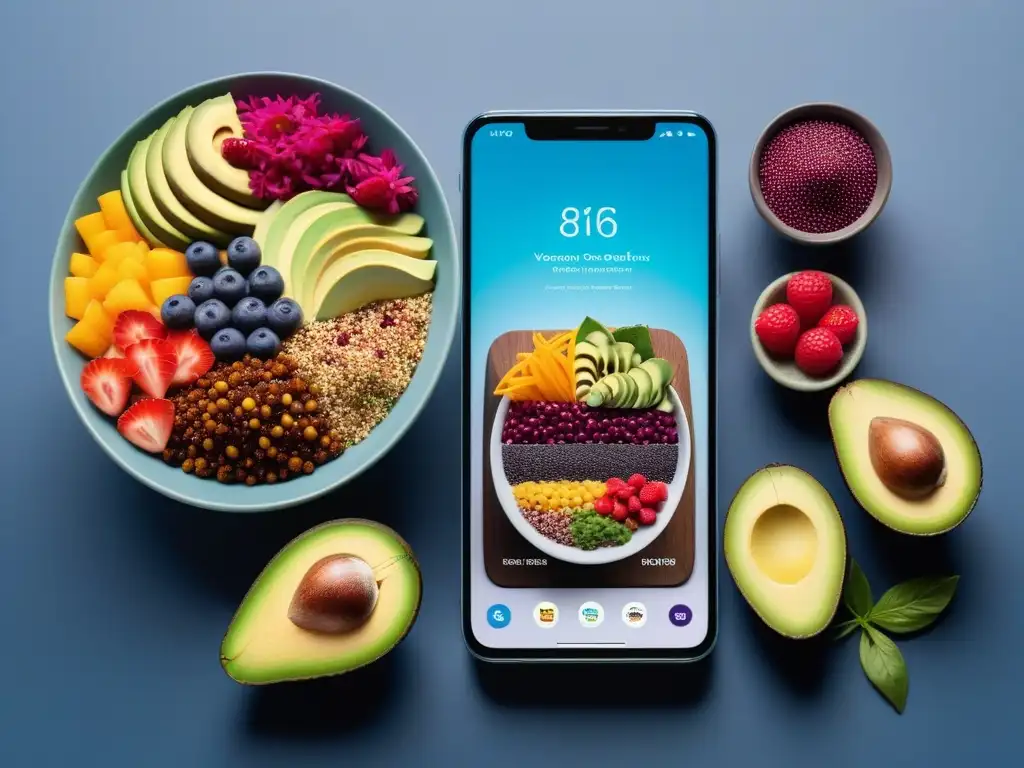 Una imagen detallada de un smartphone futurista mostrando platos veganos coloridos y creativos