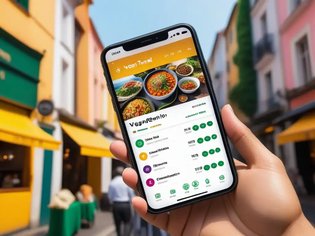Una imagen detallada de un smartphone moderno con una aplicación de viajes vegana internacional