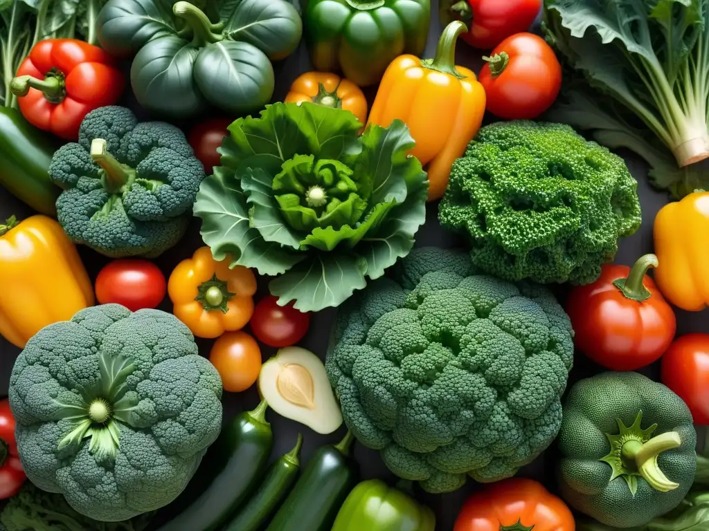 Una imagen detallada de vegetales coloridos y frescos, perfectamente cortados y brillantes, representando la nutrición vegana y la salud digestiva