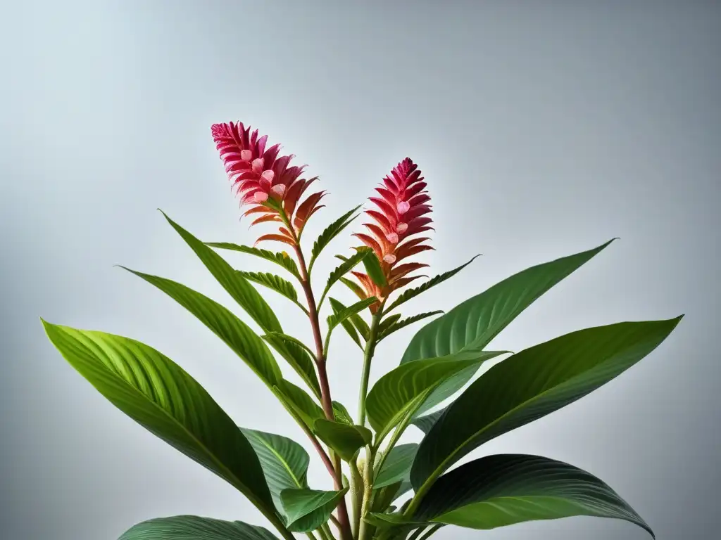 Una imagen detallada y vibrante de un exuberante jengibre con flores rosadas y blancas, destacando los beneficios del jengibre en veganos