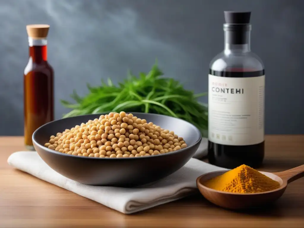 Una imagen detallada y vibrante de ingredientes para hacer tempeh en una cocina, perfecta para una receta casera tempeh vegano