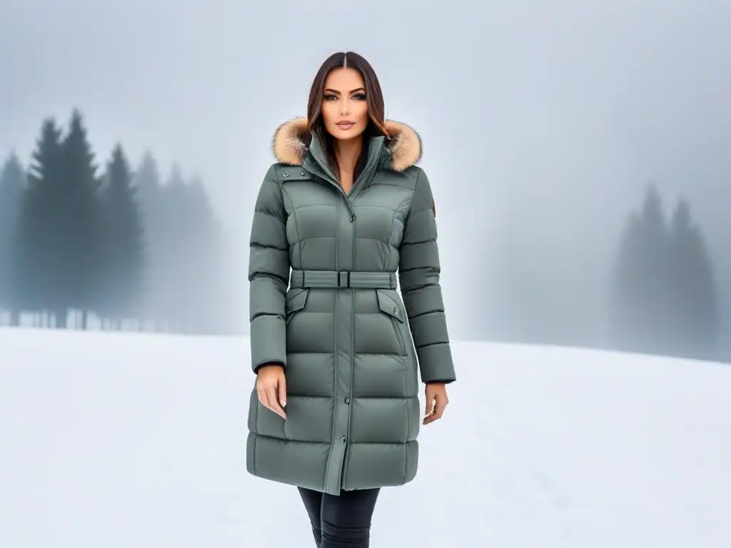 Imagen de una elegante chaqueta de invierno vegana en un entorno nevado, destacando su diseño minimalista y costura detallada