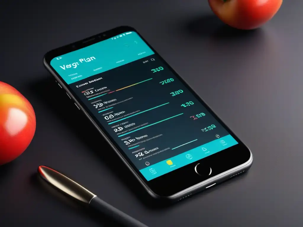 Una imagen futurista de una app de planificación de dieta vegana en un smartphone, en un gimnasio tecnológico