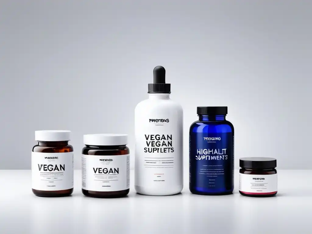 Una imagen futurista y elegante de suplementos veganos de alta calidad organizados en una superficie blanca brillante