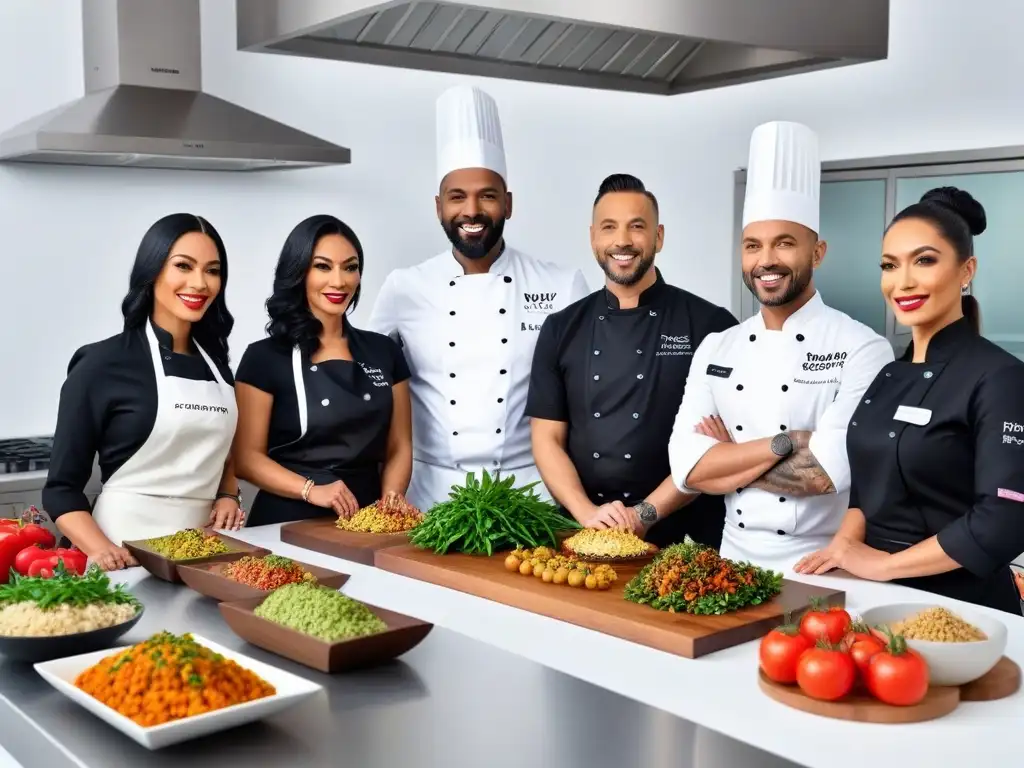 Imagen impactante de chefs veganos internacionales en cocina moderna con platos típicos de sus países