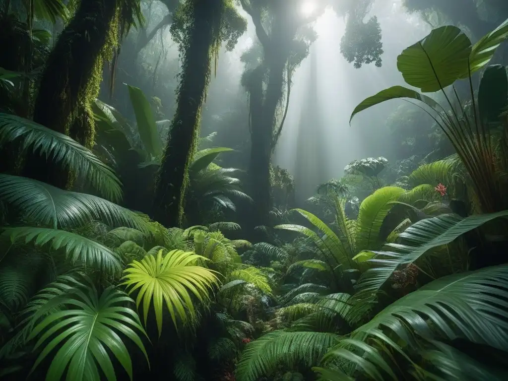 Imagen impactante de un exuberante bosque lluvioso, destacando la importancia de la dieta vegana en la sostenibilidad ambiental