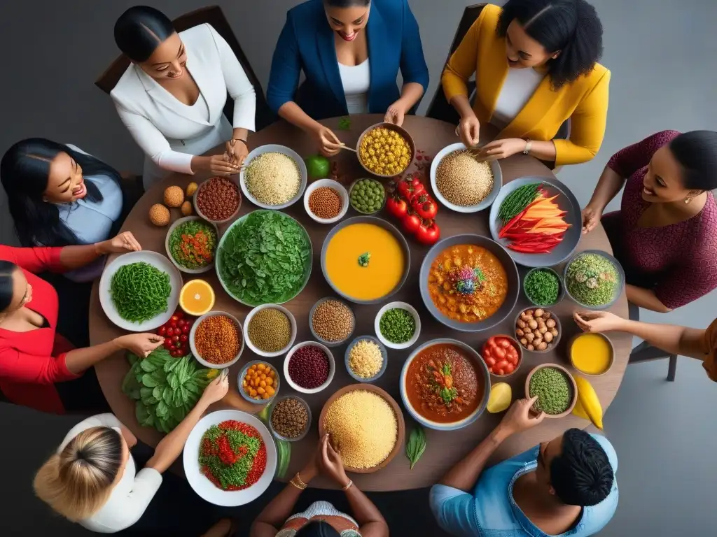 Imagen inspiradora de diversidad y unidad alrededor de una mesa llena de alimentos veganos coloridos