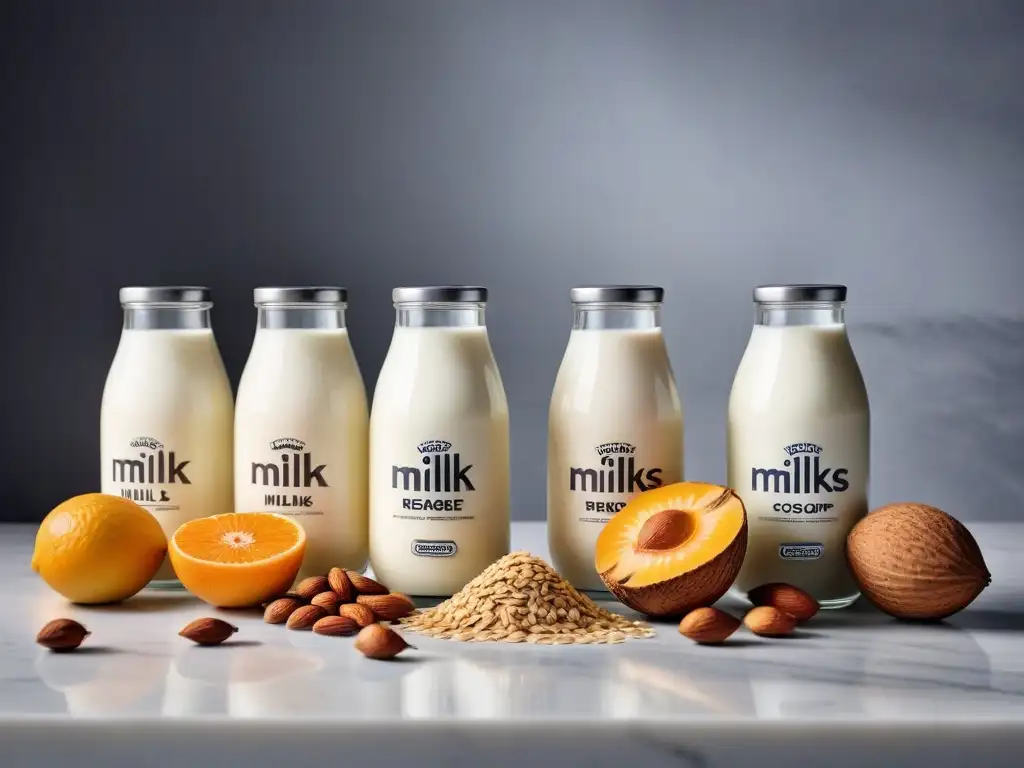 Deliciosas leches vegetales caseras en elegantes envases de vidrio Una imagen de leches vegetales caseras en elegantes botellas de vidrio rodeadas de ingredientes frescos en una cocina moderna y elegante