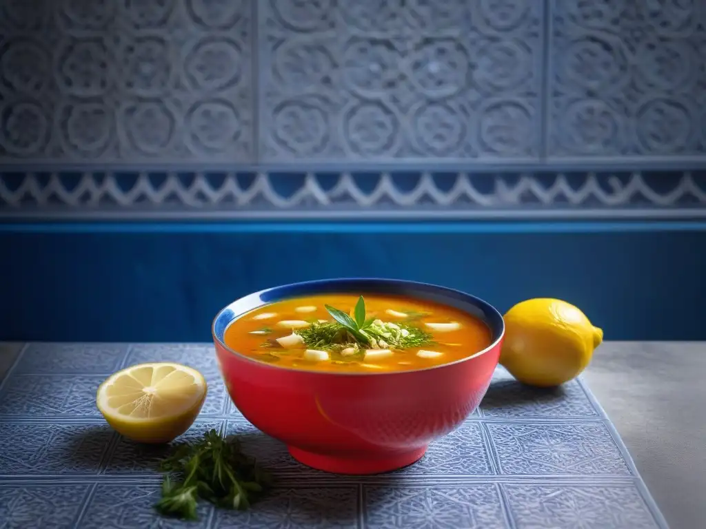 Una imagen moderna de una colorida sopa vegana harira sin carne decorada con hierbas frescas y limón, sobre azulejos marroquíes en azul y blanco