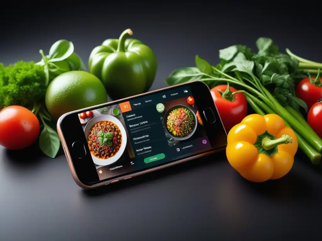 Una imagen moderna y vibrante de una app de cocina vegana en un smartphone en una cocina trendy con ingredientes frescos