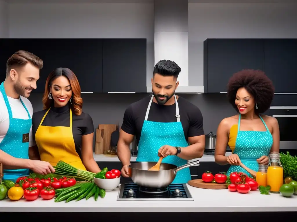 Una imagen de personas diversas cocinando juntas en una cocina moderna, representando culturas diferentes, rodeadas de ingredientes y utensilios culinarios de todo el mundo, mostrando unidad y intercambio cultural a través de recetas veganas internacionales