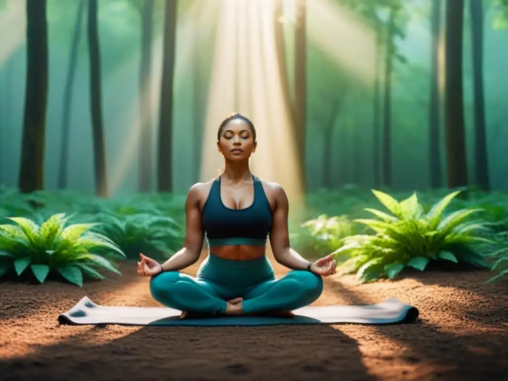 Una imagen serena de un bosque verde exuberante con luz filtrando entre las hojas, creando sombras moteadas en el suelo