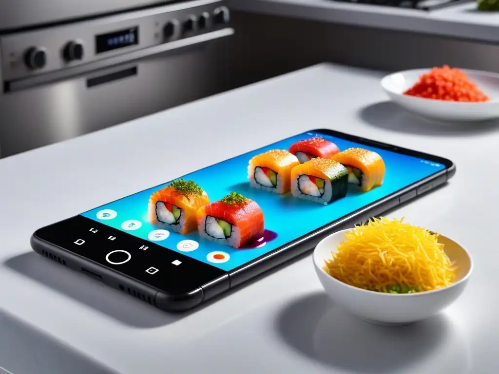 Imagen de un smartphone futurista mostrando un roll sushi vegano en AR