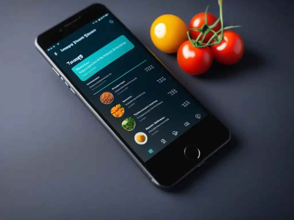 Una imagen de un smartphone moderno con la interfaz de una app de recetas veganas internacionales, colorida y atractiva