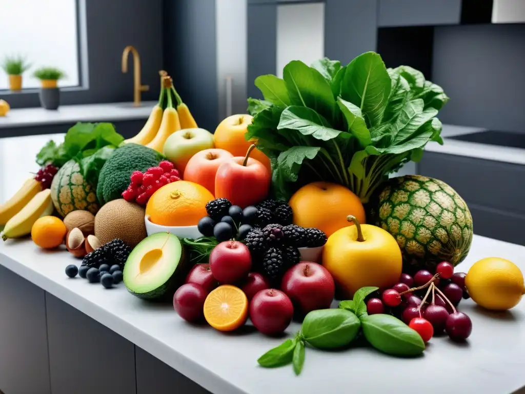 Una imagen vibrante y detallada de frutas y verduras coloridas en una moderna cocina, resaltando la diversidad de alimentos veganos