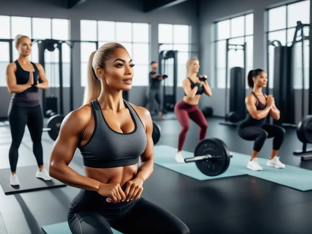 Una imagen vibrante de diversidad y bienestar en un gimnasio luminoso, donde se realizan ejercicios para fortalecer huesos