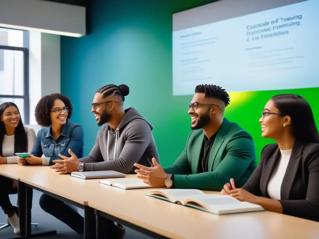 Discusión animada sobre veganismo en aula moderna Una imagen vibrante de estudiantes participando en una animada discusión sobre educación vegana en instituciones educativas