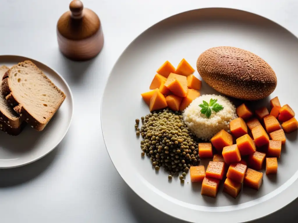 Una imagen vibrante y moderna de carbohidratos en la dieta vegana: quinoa, batata, lentejas y pan integral en un plato blanco, frescos y apetitosos