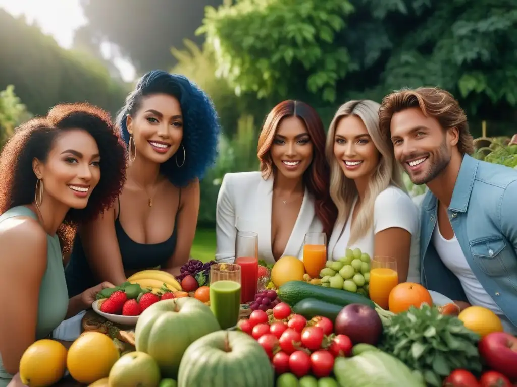 Una imagen vibrante de personas felices disfrutando de frutas y verduras en un jardín soleado, reflejando vitalidad y comunidad