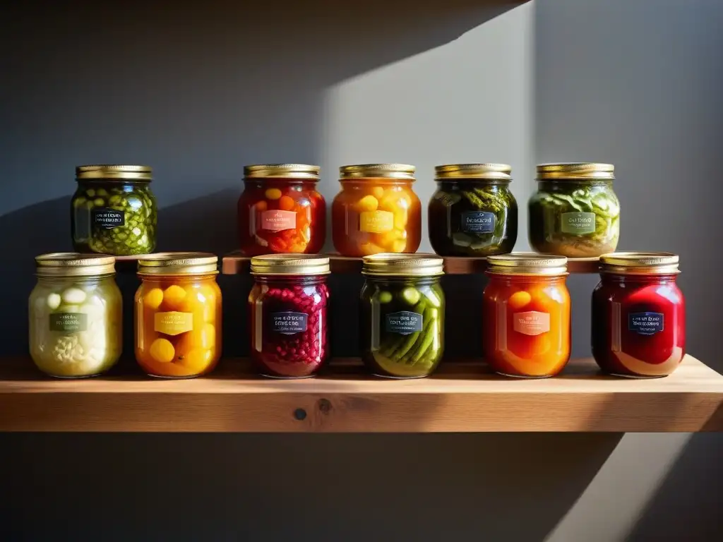 Una imagen vibrante de tarros coloridos con alimentos fermentados veganos en una cocina luminosa