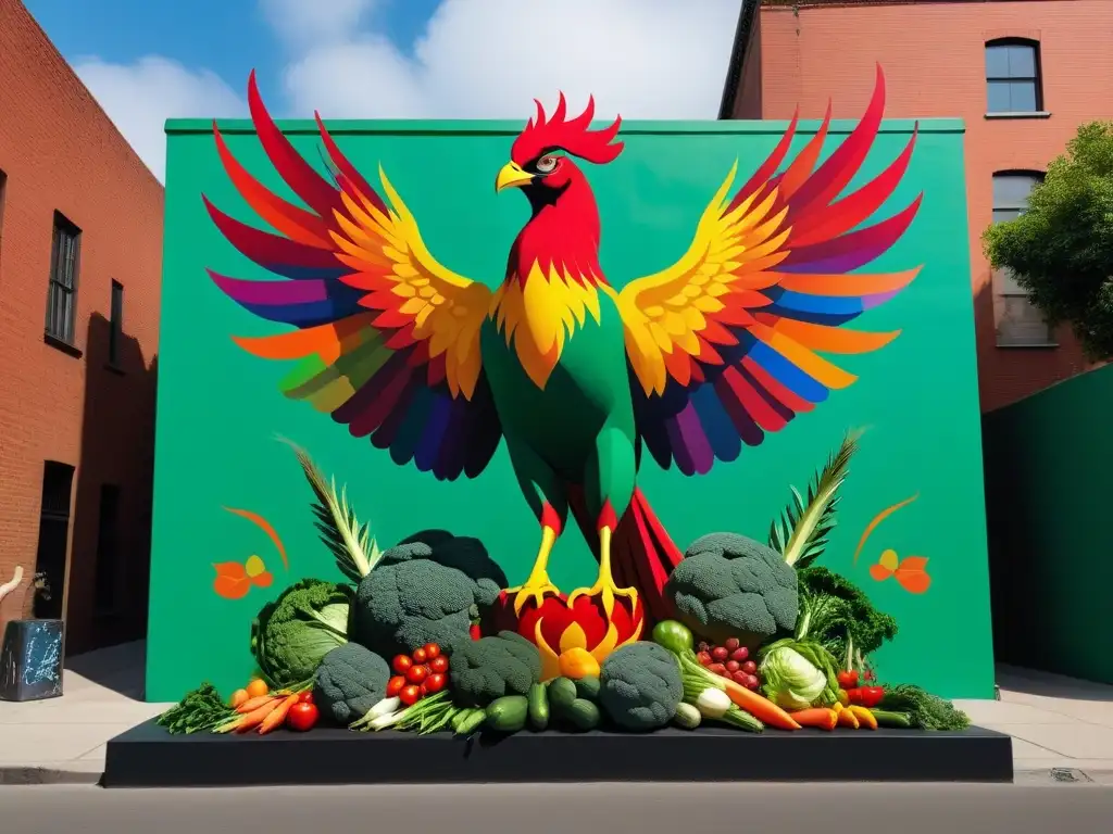 Una impactante y detallada imagen mural que fusiona símbolos culturales con el veganismo