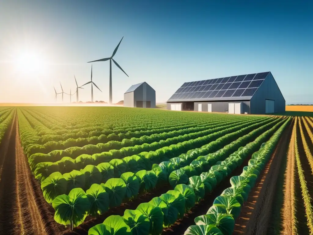 Una impactante granja vegana futurista en Oceanía, con campos verdes, energía renovable y agricultores innovadores