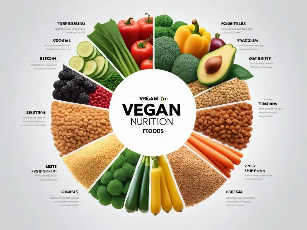 Un impactante infográfico moderno que muestra una variedad de alimentos vegetales, ideal para programas certificación nutrición vegana