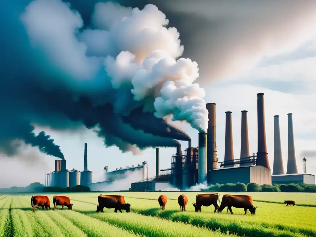 Impactante ilustración moderna: industria vs naturaleza, reflejando la repercusión del veganismo en industrias