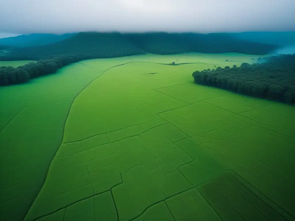 Impactante vista aérea de deforestación masiva y pastizales con vacas, destacando impacto ambiental