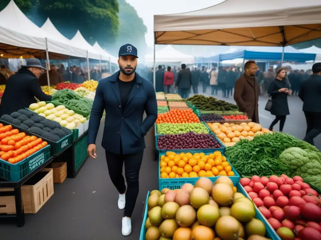 Impacto del veganismo en mercado: escena vibrante de mercado con opciones veganas variadas y coloridas