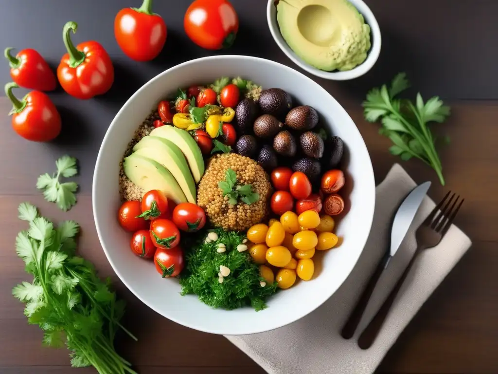 Buddha bowl vegano: colorida y deliciosa Un impresionante bol Buddha vegano con verduras asadas y quinoa, ideal para cenas veganas sin soja