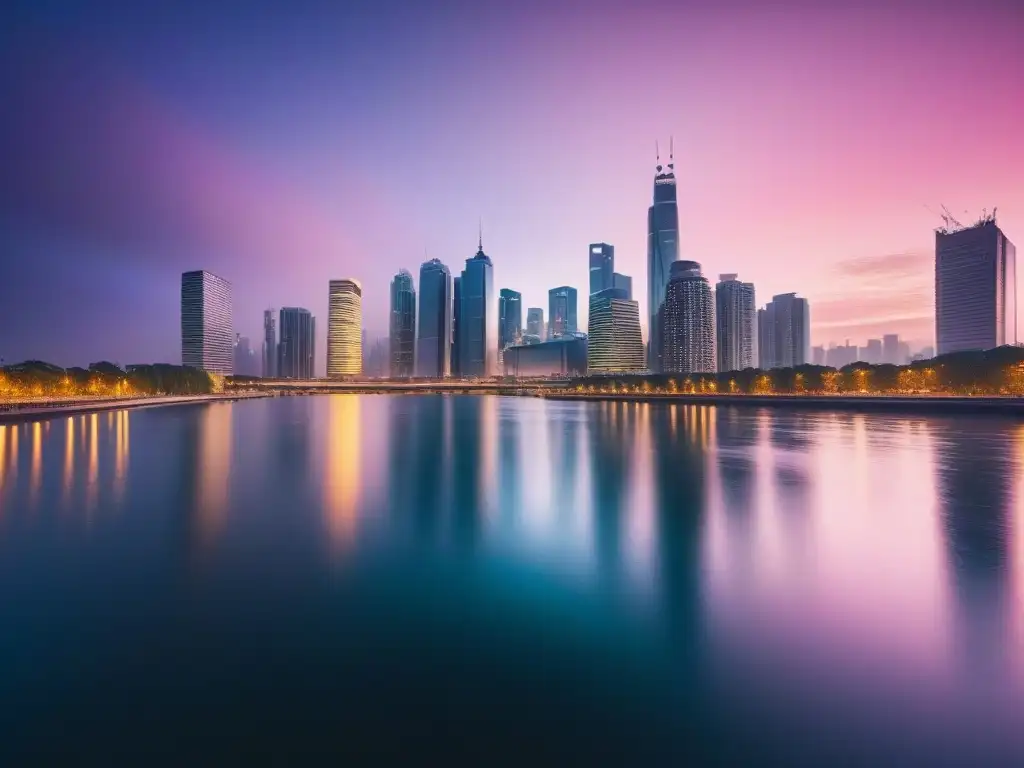 Impresionante ciudad moderna iluminada al anochecer, con rascacielos brillantes reflejados en un río tranquilo