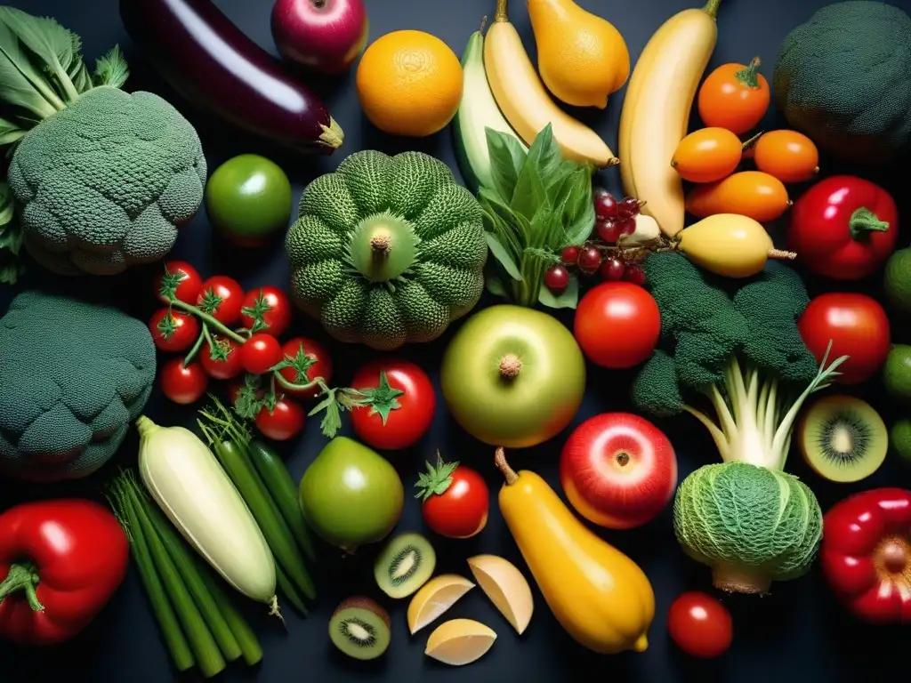 Una representación visualmente impresionante de una variedad de frutas y verduras coloridas, resaltando la conservación natural en cocina vegana