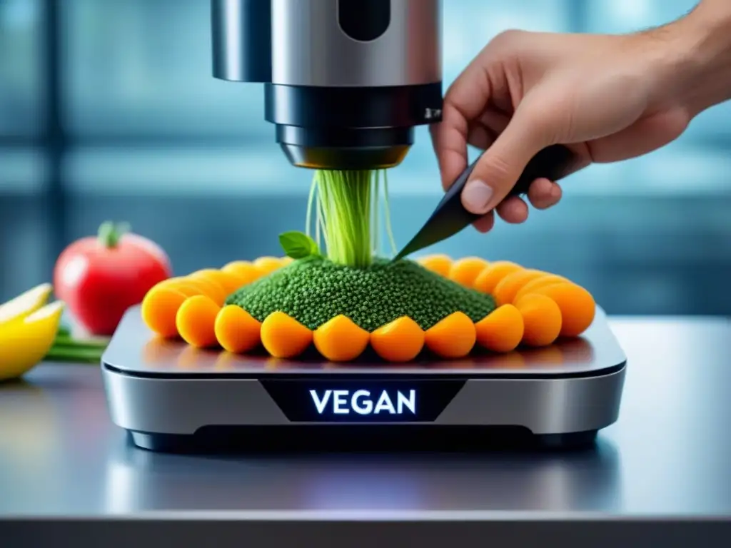 Innovadora impresora 3D crea plato vegano personalizado con precisión Impresora de comida 3D creando plato vegano personalizado con precisión, rodeada de ingredientes frescos y coloridos