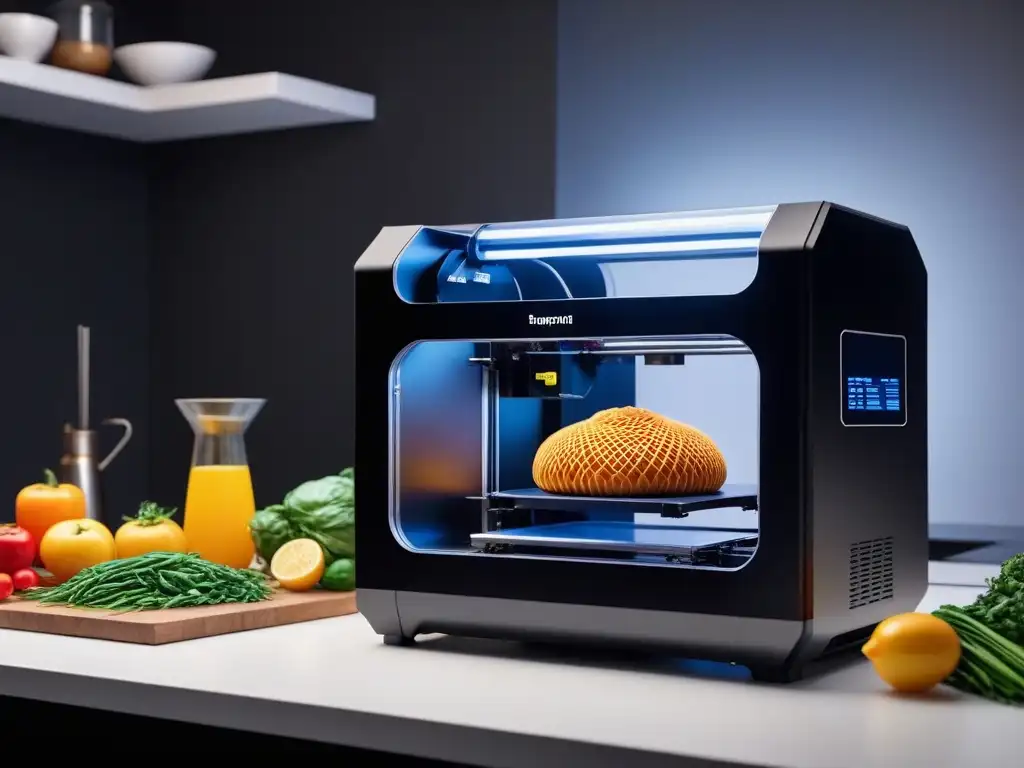 Una impresora 3D gastronomía vegana innovadora creando platos veganos en una cocina futurista de alta tecnología