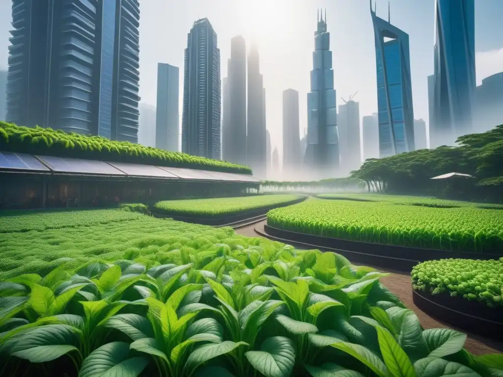 Increíble ciudad futurista con rascacielos de proteínas alternativas sostenibles económicas, conectados por vegetación y paneles solares