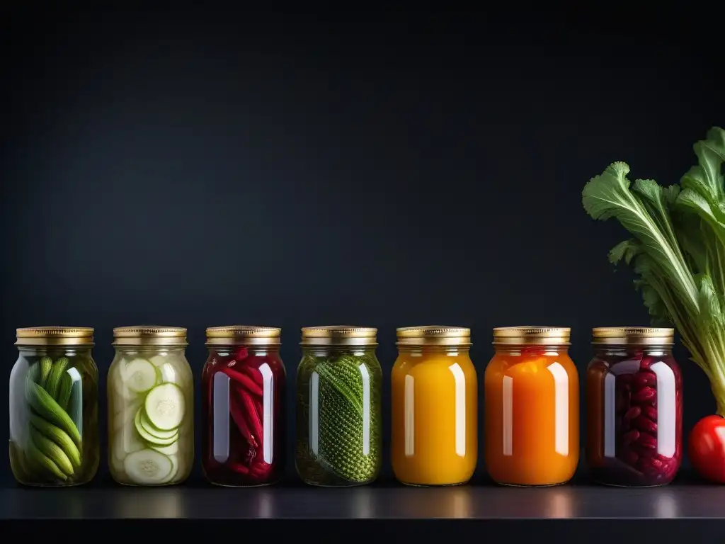 Fermentación de vegetales y frutas en tarros: arte culinario vegano Increíble fermentación en cocina vegana sin aceite: variedad de frutas y verduras coloridas en tarros de vidrio