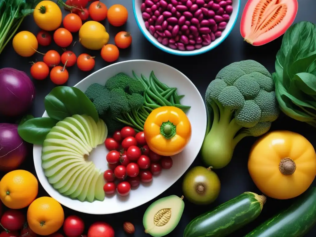 Increíble ilustración detallada de frutas y verduras coloridas, destacando fuentes de proteína vegetal como frijoles, lentejas y nueces