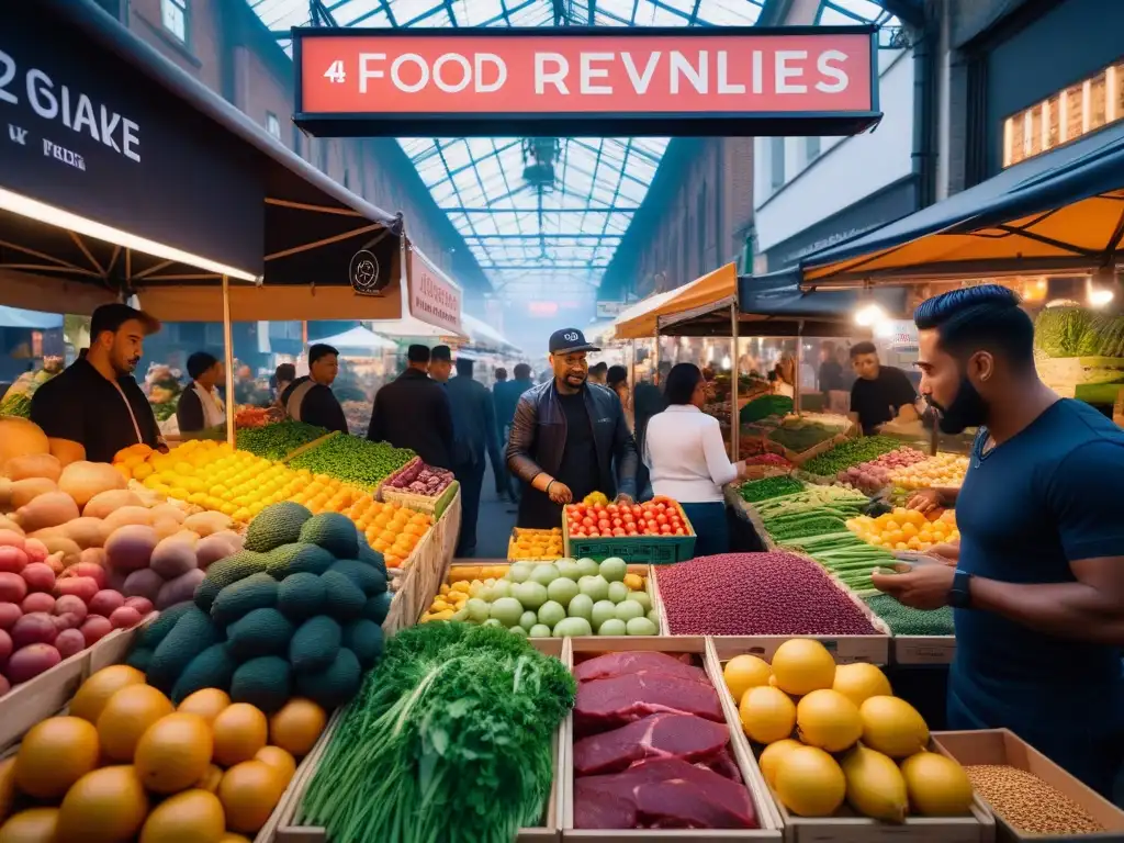 Revolución veganismo industria alimentaria: Escena vibrante en un mercado de alimentos con productos veganos innovadores