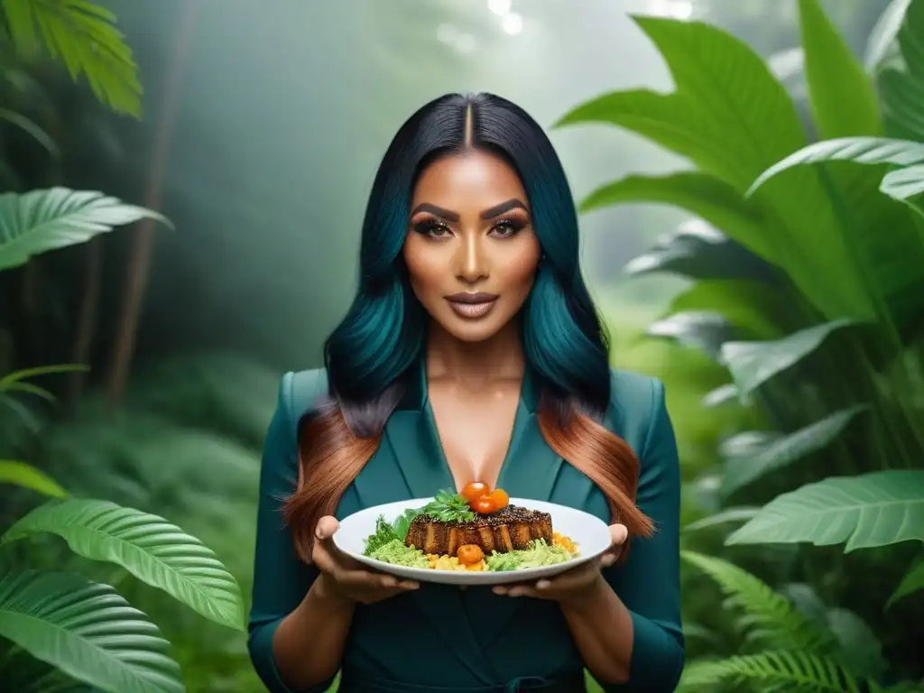 Influencers promocionando veganismo en redes sociales con platos vegetales y naturaleza ecofriendly