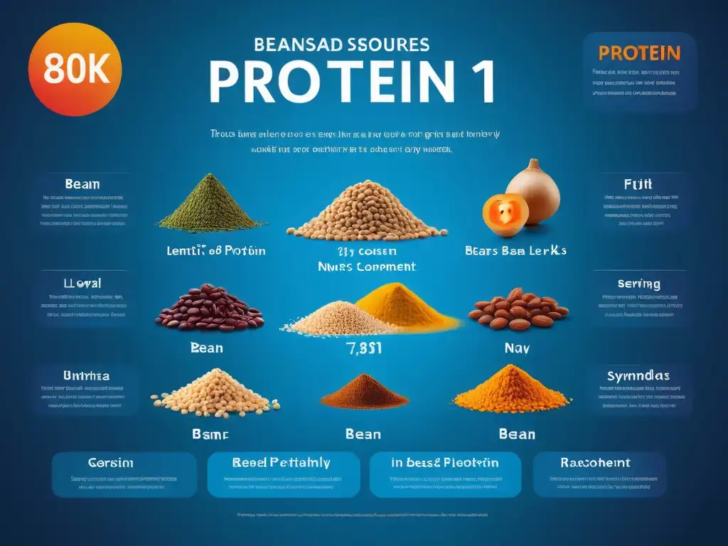 Una infografía colorida y moderna de fuentes de proteínas veganas para niños en una dieta balanceada