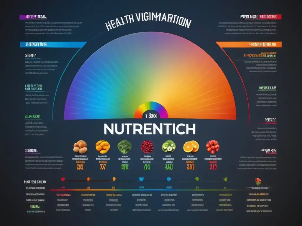 Una infografía detallada y vibrante de alimentos vegetales en un espectro arcoíris, con beneficios y valores nutricionales