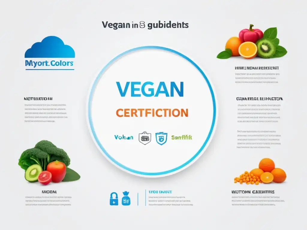 Una infografía detallada y vibrante sobre la certificación de nutrición vegana, con ilustraciones de grupos de alimentos, pautas nutricionales y logotipos entrelazados en un diseño moderno y elegante