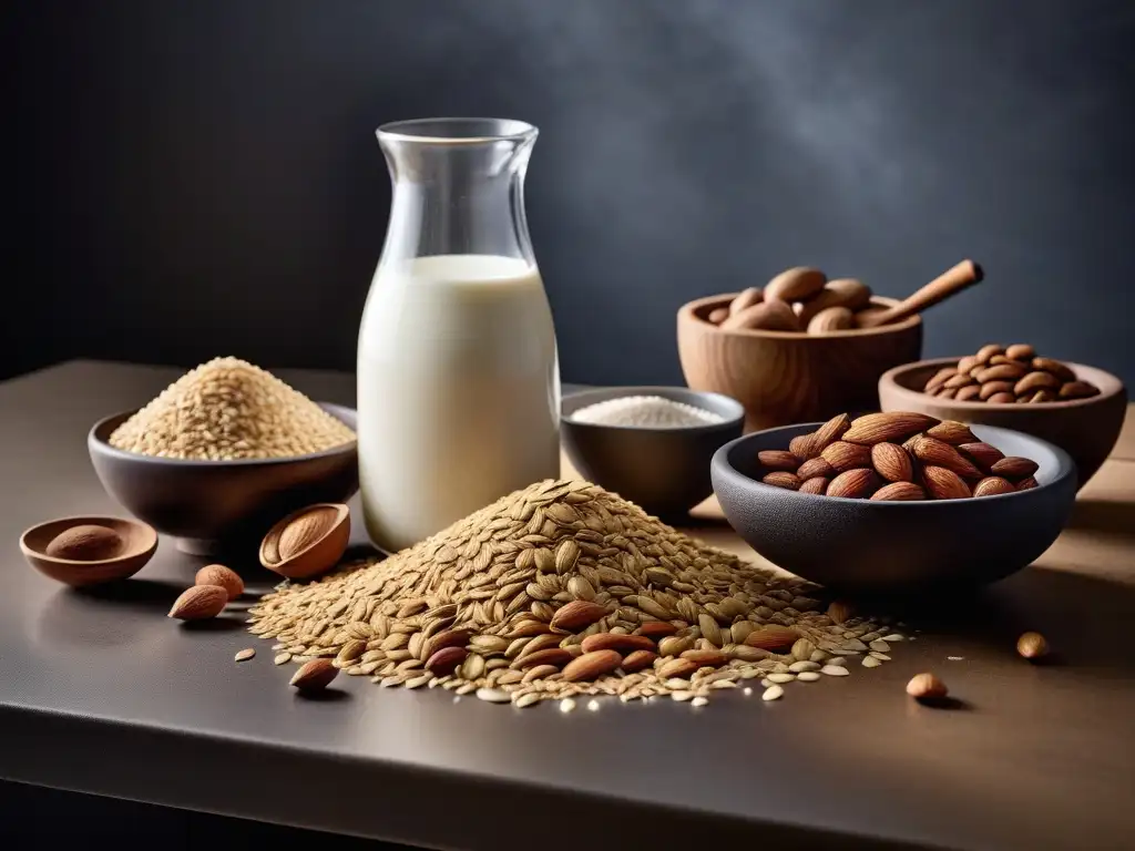 Ingredientes frescos para leche vegetal: Detalles y texturas Ingredientes naturales para preparar leches vegetales caseras, con almendras, coco, avena y soja dispuestos artísticamente en una encimera minimalista
