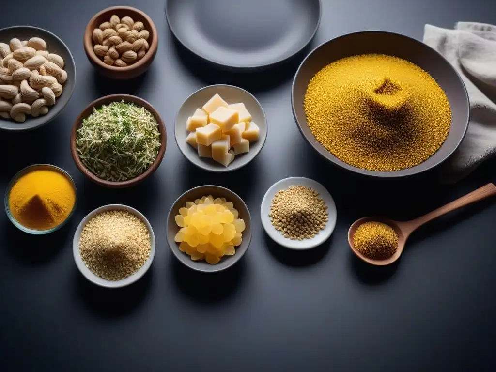 Ingredientes veganos para fermentaciones caseras de queso, dispuestos con arte en una encimera moderna y luminosa