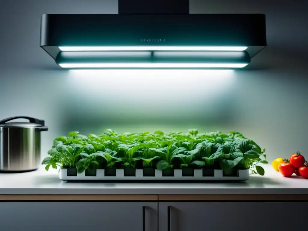 Cultivar ingredientes veganos en hidroponía: un sistema futurista lleno de vegetales vibrantes en una cocina minimalista