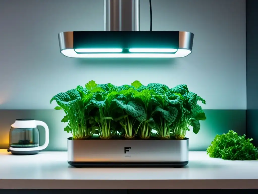 Cultivar ingredientes veganos en hidroponía: un sistema futurista con plantas exuberantes en una cocina moderna