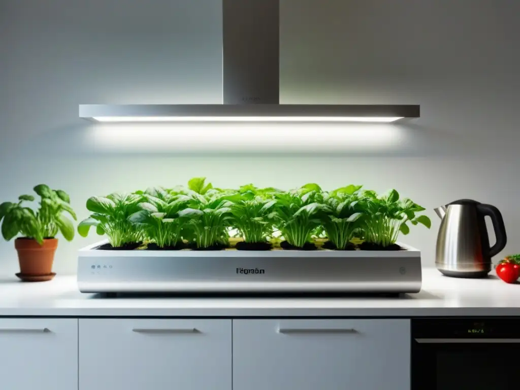 Cultivar ingredientes veganos en hidroponía: Un sistema moderno en una cocina luminosa y minimalista, con verduras verdes vibrantes creciendo en agua