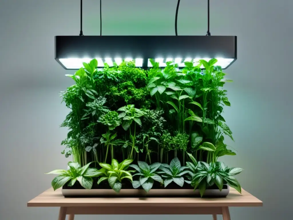 Cultivar ingredientes veganos en hidroponía: Jardín vertical futurista en interiores con plantas exuberantes y luces LED