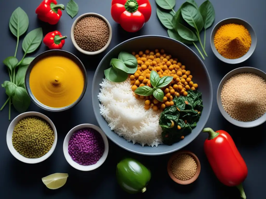 Ingredientes vibrantes de recetas veganas tradicionales India: especias coloridas, vegetales frescos y granos básicos en una presentación moderna